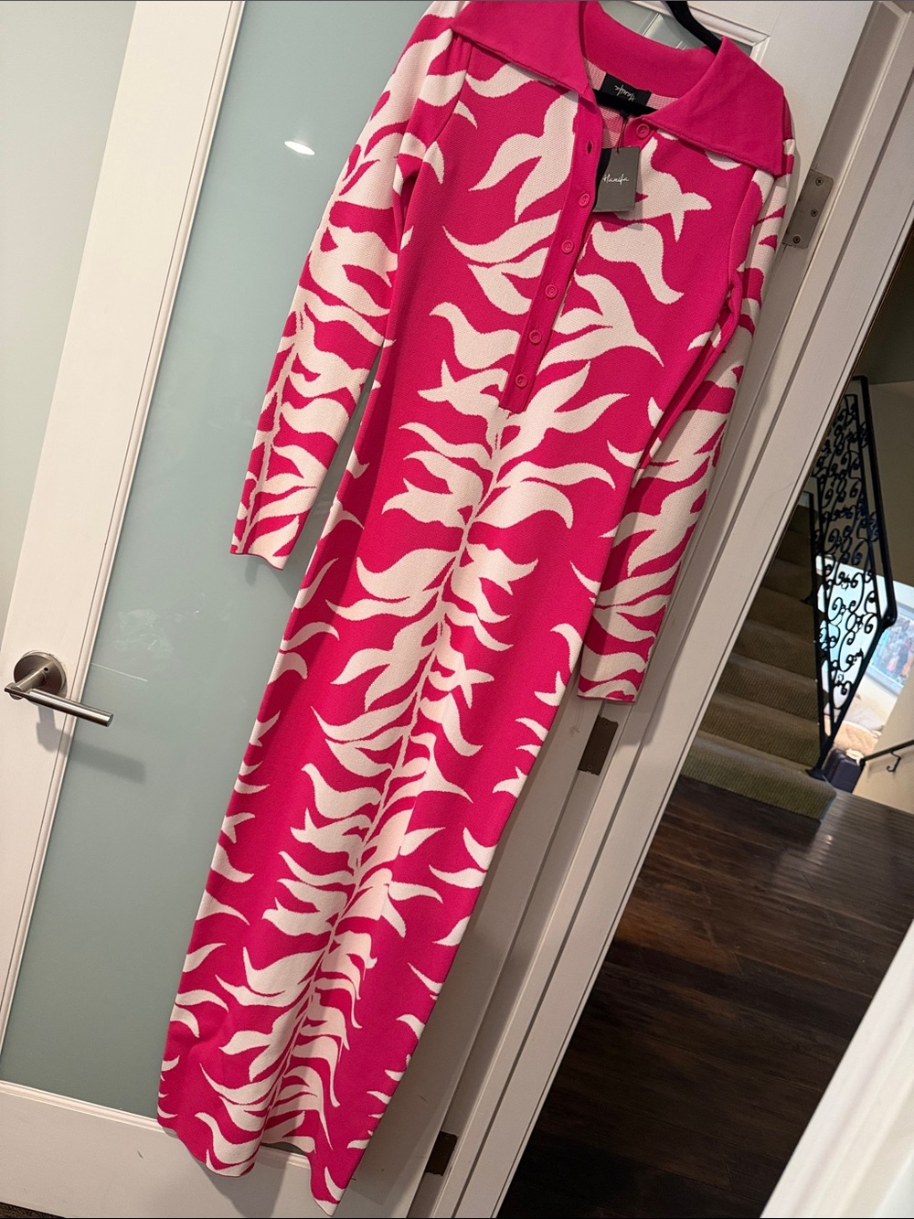 Hanifa Hot Pink & White Long Knit Dress with Abstract Wave Print